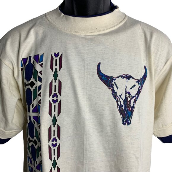 Vintage 90s Southwestern Crewneck T Shirt M Beige Double Collar Deadstock Skull - Picture 2 of 6